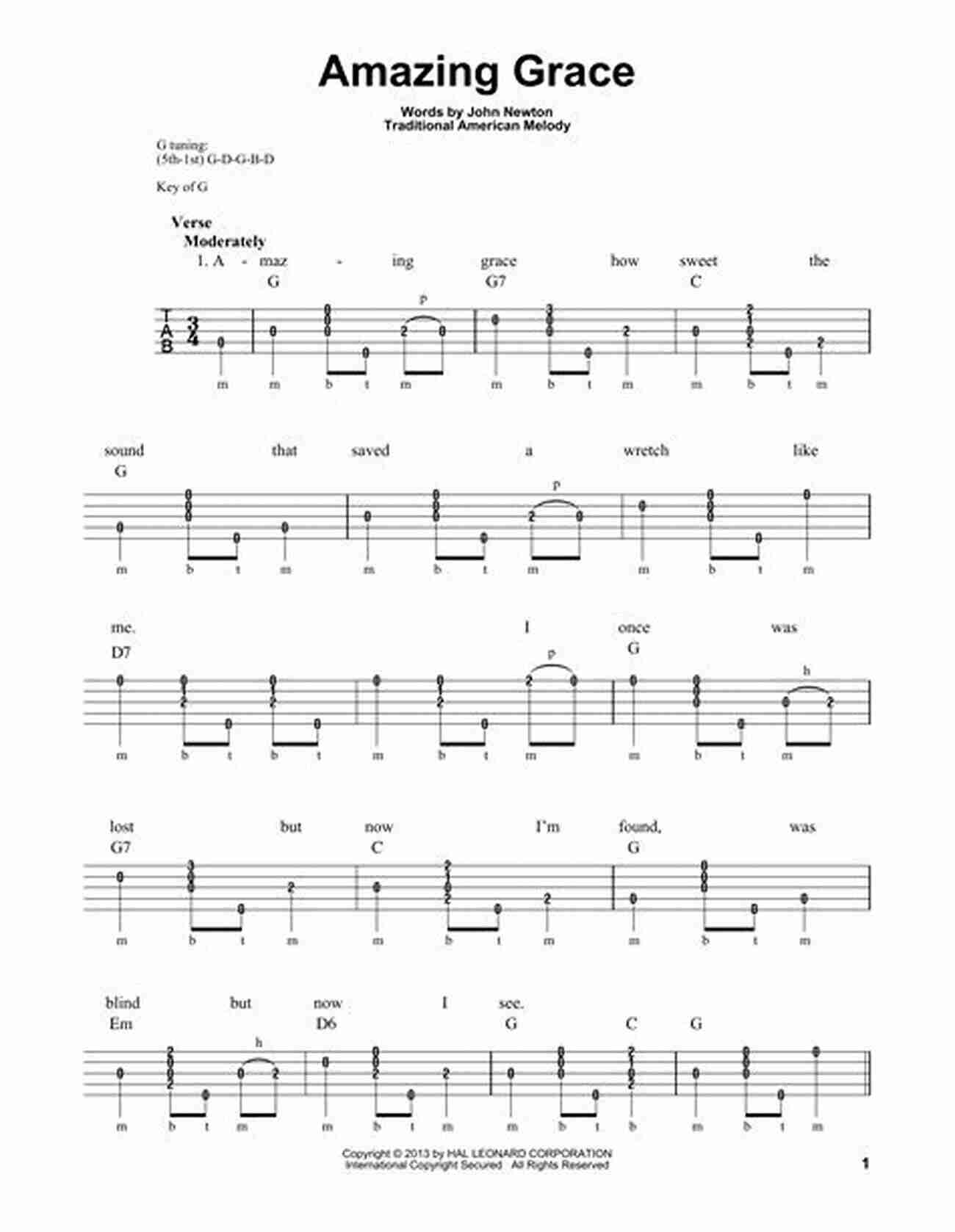 Sheet Music For Amazing Grace On Banjo Favorite Gospel Tunes For Banjo